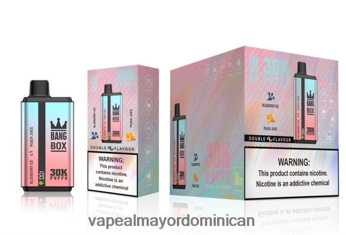 Bang Box 30000 inhalaciones de dos sabores. hielo de arándanos y jugo de durazno 6H0X0463 Vapeo Al Por Mayor